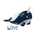 Narwhal text Cute narwhal whale with text Love, funny unicorn whale drawing for kids wall art, print Vector Royalty Free Stock Photo