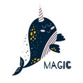 Narwhal text Cute narwhal whale with text Magic, funny unicorn whale drawing for kids wall art, print Vector