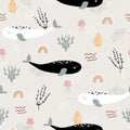 Narwhale, jellyfish and rainbow seamless childish pattern with beige background. Hand drawn repeat pattern for wrapping, fabrik.