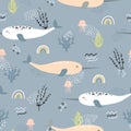 Narwhale, jellyfish and rainbow seamless childish pattern on blue grey background. Hand drawn repeat pattern for wrapping, fabrik.