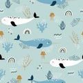 Narwhale, jellyfish and rainbow seamless childish pattern on turquoise background. Hand drawn repeat pattern for wrapping, fabrik.