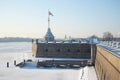 Naryshkin bastion with tower, frosty february day. Peter and Paul Fortress, St. Petersburg