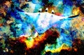 Nasa spaceship in cosmic space. Color cosmic abstract background. Crackle effect