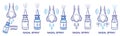 Nasal spray medicine, runny nose, allergy rhinitis, flu, sinusitis medical treatment, aerosol pharmacy bottle line icon set vector