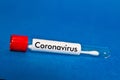 Nasal tampon test on a blue background with the inscription coronavirus