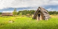 house with straw thatched roof at in an ancient village, Celtic open air museum in Nasavrky, Czech republic