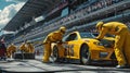 NASCAR Crew Members Working on Yellow Car at Track