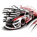 Nascar speeding car with with red and white splatters racing on the track