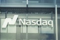 Nasdaq company logo sign on modern office in Vilnius, Lithuania, May 30, 2021. Nasdaq is leading provider of trading