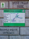 NASHUA, NH / USA - JUNE 05, 2020: Closeup of Mine Falls Park Entry Signage, Whipple Street Entrance, June 05, 2020