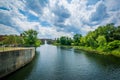 The Nashua River, in Nashua, New Hampshire. Royalty Free Stock Photo