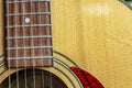 Nashville Acoustic Guitar Sound Hole, slanted with strings and detail of wood grain and design Royalty Free Stock Photo