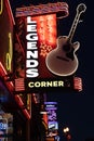 Neon sign for Legends Corner on lower broadway, featuring live music