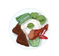 Nasi Dagang hand drawn vector illustration. Traditional Malaysian dish with steamed rice, pickled cucumbers isolated on
