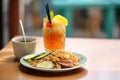 nasi goreng with a glass of iced tea, complete meal perspective