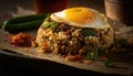 Nasi Goreng On Stone, Blurred Background, Rustic Pub. Generative AI