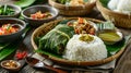 Nasi Jamblang, Traditional rice dish from Cirebon, wrapped in fragrant teak leaf generative ai Royalty Free Stock Photo