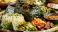 Nasi Jamblang, Traditional rice dish from Cirebon, wrapped in fragrant teak leaf generative ai Royalty Free Stock Photo