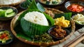 Nasi Jamblang, Traditional rice dish from Cirebon, wrapped in fragrant teak leaf generative ai Royalty Free Stock Photo