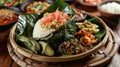 Nasi Jamblang, Traditional rice dish from Cirebon, wrapped in fragrant teak leaf generative ai Royalty Free Stock Photo