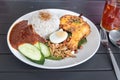 Nasi lemak with fried chicken and sambal, Malaysia popular food