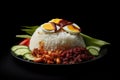 Nasi lemak, malay fragrant rice dish cooked in coconut milk and pandan leaf served with various sid.