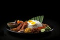 Nasi lemak, malay fragrant rice dish cooked in coconut milk and pandan leaf.served with various sid.