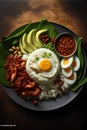 Nasi lemak is a malaysian dish consisting of rice, fried egg, fried chicken and chili sauce