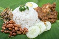 Nasi lemak, a traditional malay curry paste rice dish served on a banana leaf Royalty Free Stock Photo