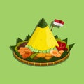 Nasi tumpeng is an Indonesian cone-shaped rice dish with side dishes of vegetables and meat originating from Javanese vector