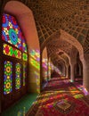 Nasir-ol-molk Colorful Mosque with Stained Glass Windows and Persian Carpets in Shiraz Royalty Free Stock Photo