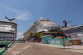 Nassau, Bahamas - May 14, 2019: Disney Dream cruise ship docked at Prince George Wharf with two Carnival Cruise Line ships on both Royalty Free Stock Photo