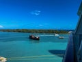 An aerial view of a pirate ship excursion boat in the cruise ship harbor in Nassau, Bahamas on a sunny day Royalty Free Stock Photo