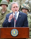 Nassau county executive Ed Mangano addresses World War II Encampment participants in Old Bethpage, NY