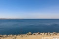 Nasser lake with beautiful blue water, created by building Aswan High Dam on the Nile river in Egypt. View over the water. Royalty Free Stock Photo