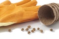 Nasturtium seeds, peat pots and gardening gloves Royalty Free Stock Photo