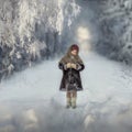 Nastya stands on an empty road.