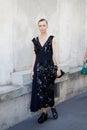 Nataly Osmann with black sequin dress before Prada fashion show, Milan Fashion Week street Royalty Free Stock Photo