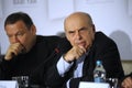 Natan Sharansky, Chairman of the Executive of the Jewish Agency, keeping speech during press-conference devoted to Memorial center Royalty Free Stock Photo