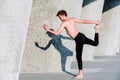 Natarajasana yoga, the posture of the Lord of the Dance practiced by a young barefoot men