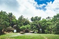 Natine rural houses on Beautiful vibrant background consisting of trees of the rain forest of Central America. Typical Royalty Free Stock Photo