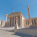 the national academy of Athens neo classical building facade with Athena and Apollo ancient gods, Greece Royalty Free Stock Photo