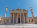 The national academy of Athens neo classical building facade with Athena and Apollo ancient gods, Greece Royalty Free Stock Photo