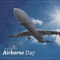 National airborne day text banner and grunge overlay over airplane icon against blue sky