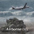 National airborne day text banner and grunge overlay over airplane icon against clouds in the sky