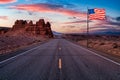 National American Flag Overlay. Middle of the Road View of a Scenic route