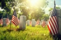 National American flags on a military memorial, cemetery with who died in the wars for freedom. Sunny, bright day on a background Royalty Free Stock Photo