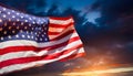 National American silk fabric flag waving in dark sky. Symbol of the United States of America Royalty Free Stock Photo