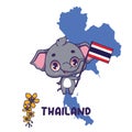 National animal asian elephant holding the flag of Thailand. National flower ratchapruek displayed on bottom left
