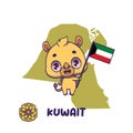 National animal camel holding the flag of Kuwait. National flower arfaj flower displayed on bottom left